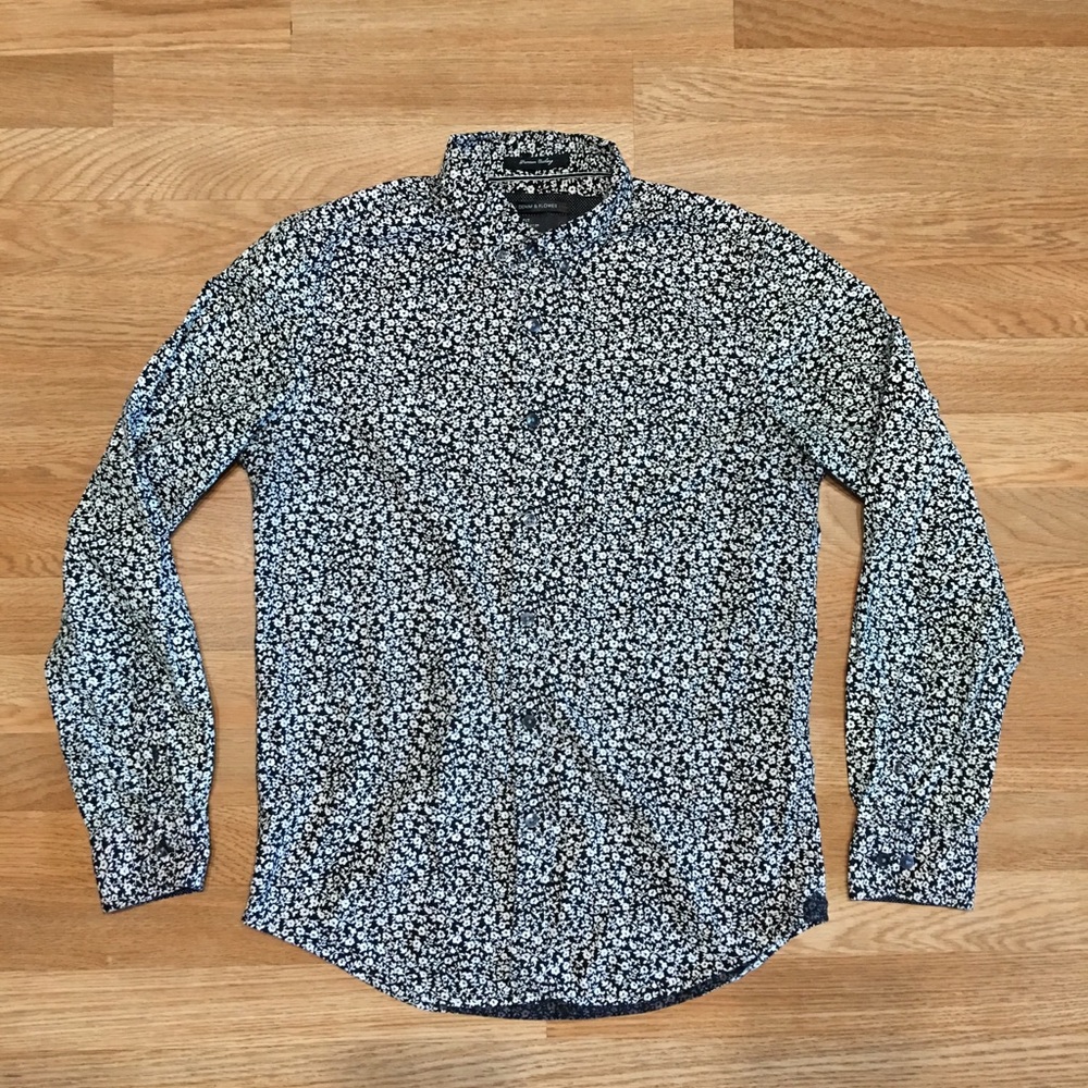 Men Black White Floral Button Dress Shirt